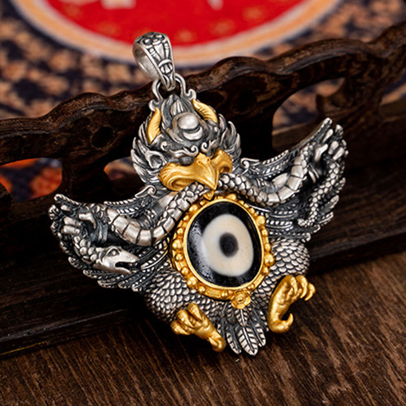Collar con colgante de Buddha Stones de plata de ley 925 con cuentas de Dzi tibetanas y pájaro Garuda