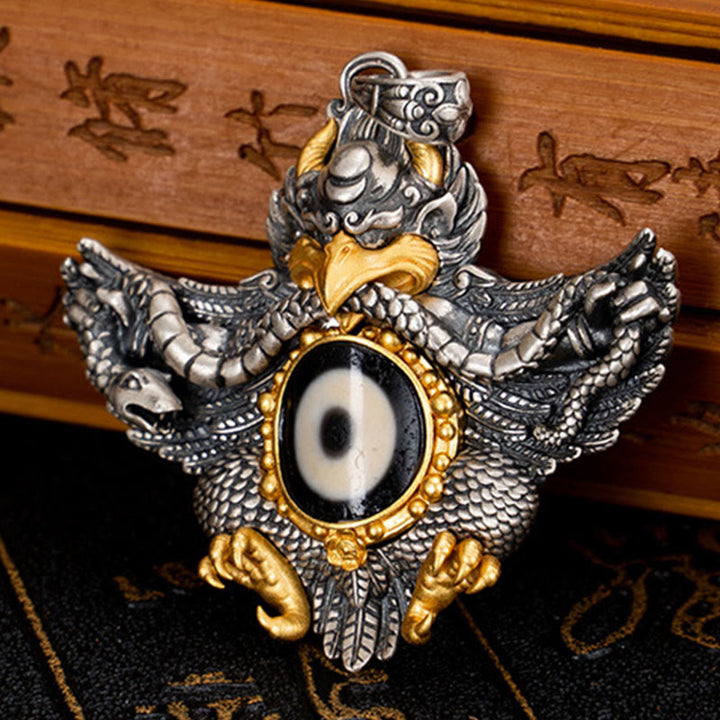 Collar con colgante de Buddha Stones de plata de ley 925 con cuentas de Dzi tibetanas y pájaro Garuda