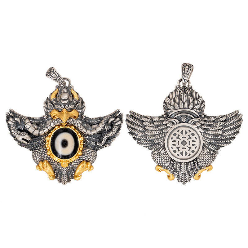 Collar con colgante de Buddha Stones de plata de ley 925 con cuentas de Dzi tibetanas y pájaro Garuda