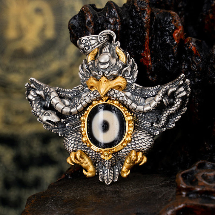 Collar con colgante de Buddha Stones de plata de ley 925 con cuentas de Dzi tibetanas y pájaro Garuda