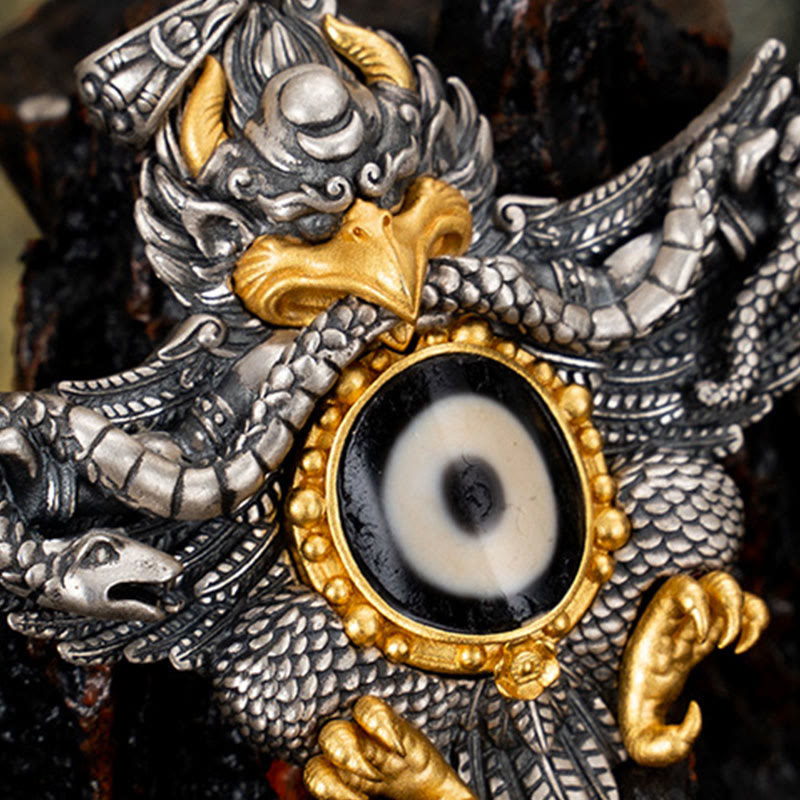 Collar con colgante de Buddha Stones de plata de ley 925 con cuentas de Dzi tibetanas y pájaro Garuda