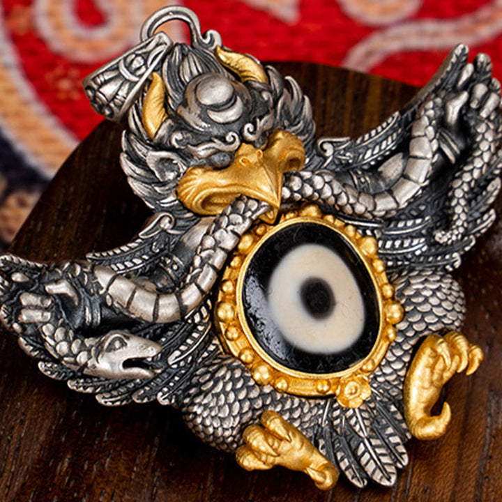 Collar con colgante de Buddha Stones de plata de ley 925 con cuentas de Dzi tibetanas y pájaro Garuda