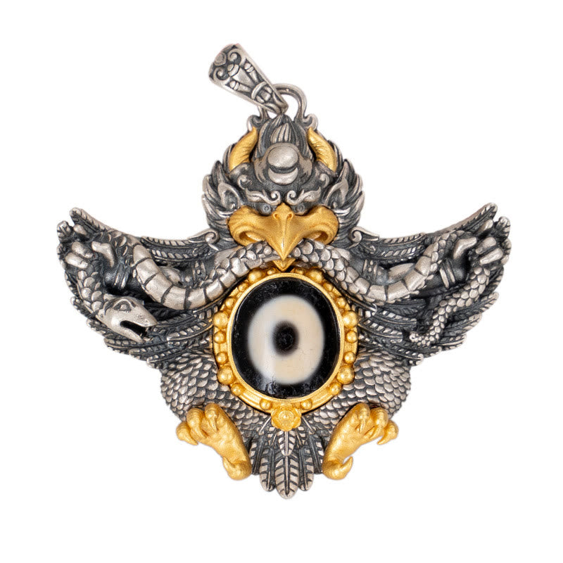 Collar con colgante de Buddha Stones de plata de ley 925 con cuentas de Dzi tibetanas y pájaro Garuda