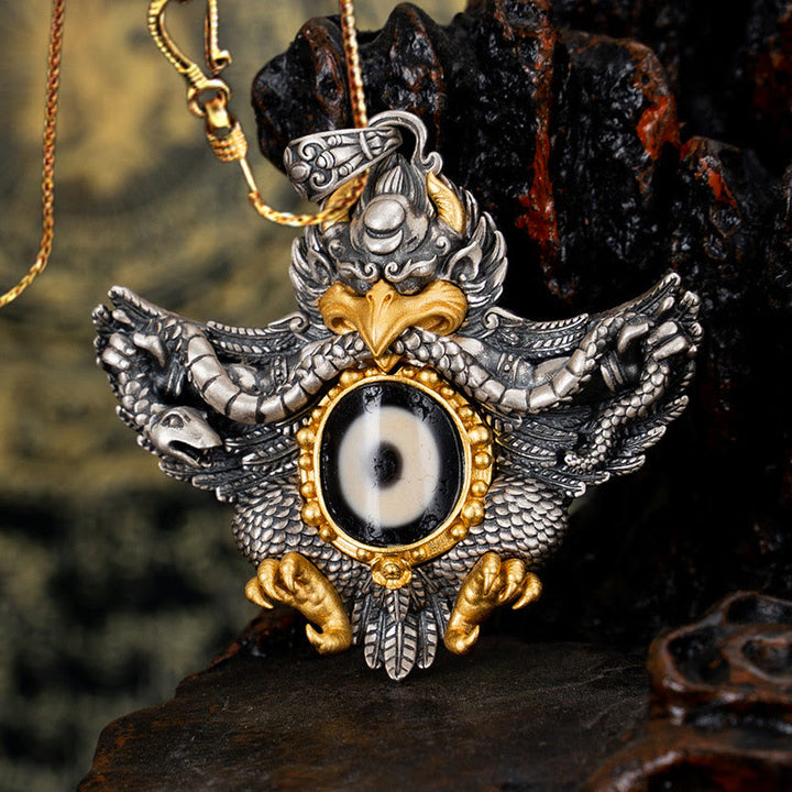 Collar con colgante de Buddha Stones de plata de ley 925 con cuentas de Dzi tibetanas y pájaro Garuda