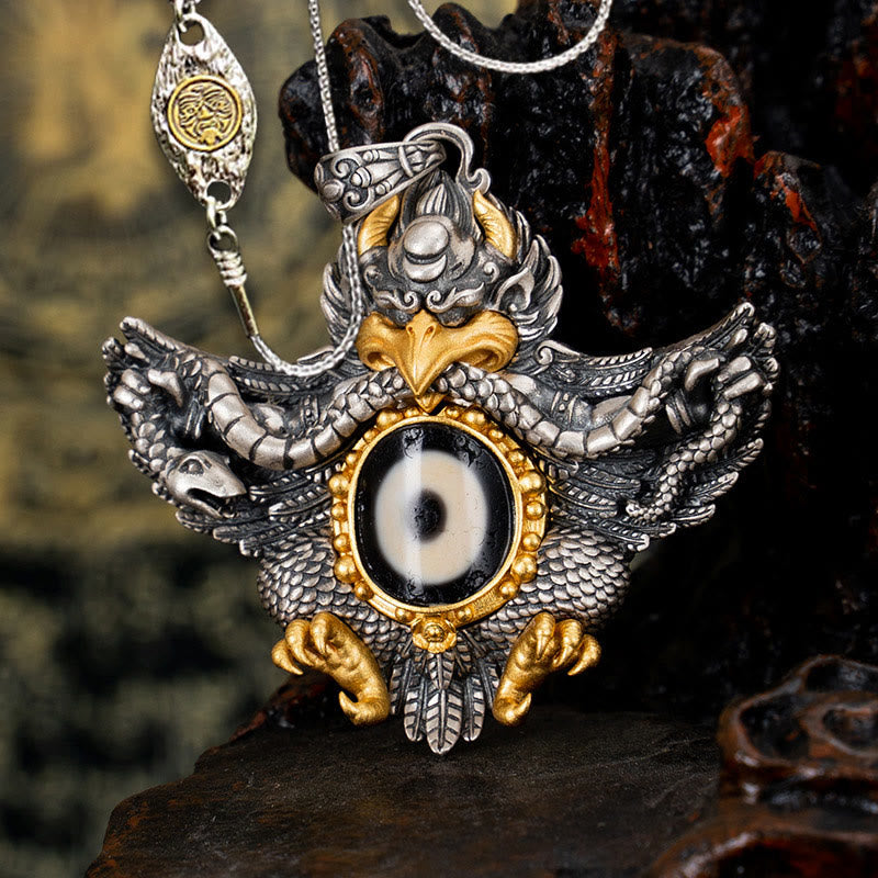 Collar con colgante de Buddha Stones de plata de ley 925 con cuentas de Dzi tibetanas y pájaro Garuda