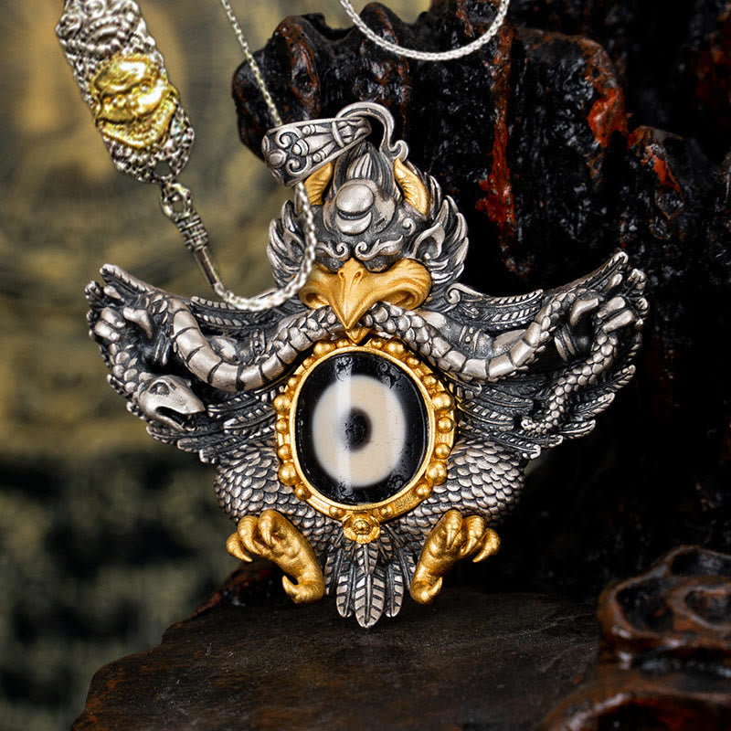 Collar con colgante de Buddha Stones de plata de ley 925 con cuentas de Dzi tibetanas y pájaro Garuda