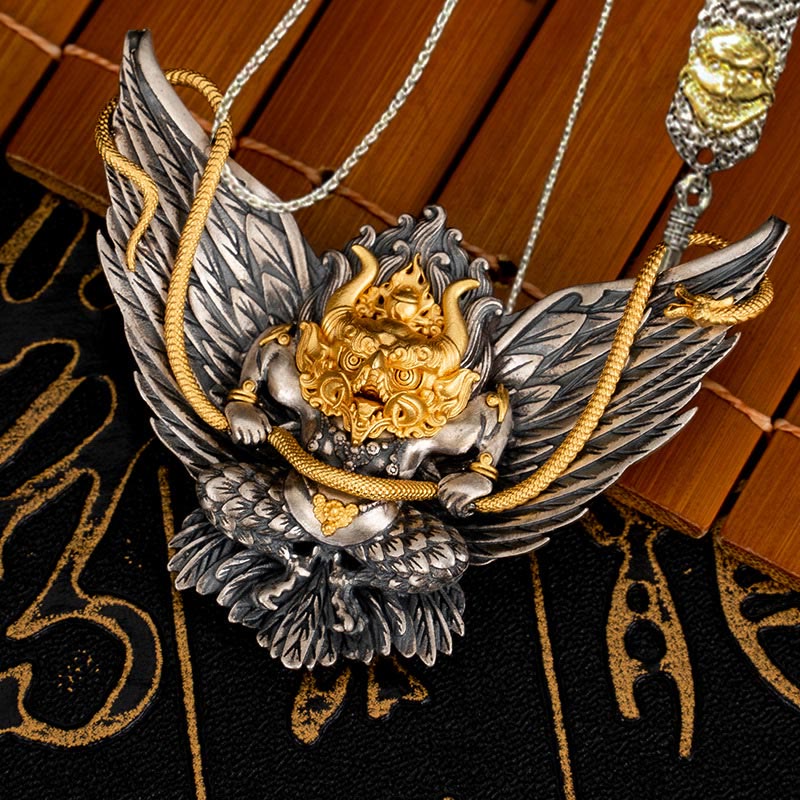 Collar con colgante de plata de ley 925 con Buddha Stones , pájaro tibetano Garuda, dragón, serpiente y sabiduría - Cadena de cobre Garuda&52cm El Señor del Bosque de Cadáveres - image 21