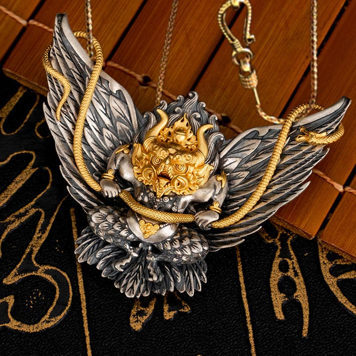Collar con colgante de plata de ley 925 con Buddha Stones , pájaro tibetano Garuda, dragón, serpiente y sabiduría - Garuda y cadena de cobre dorado de 58 cm - image 12