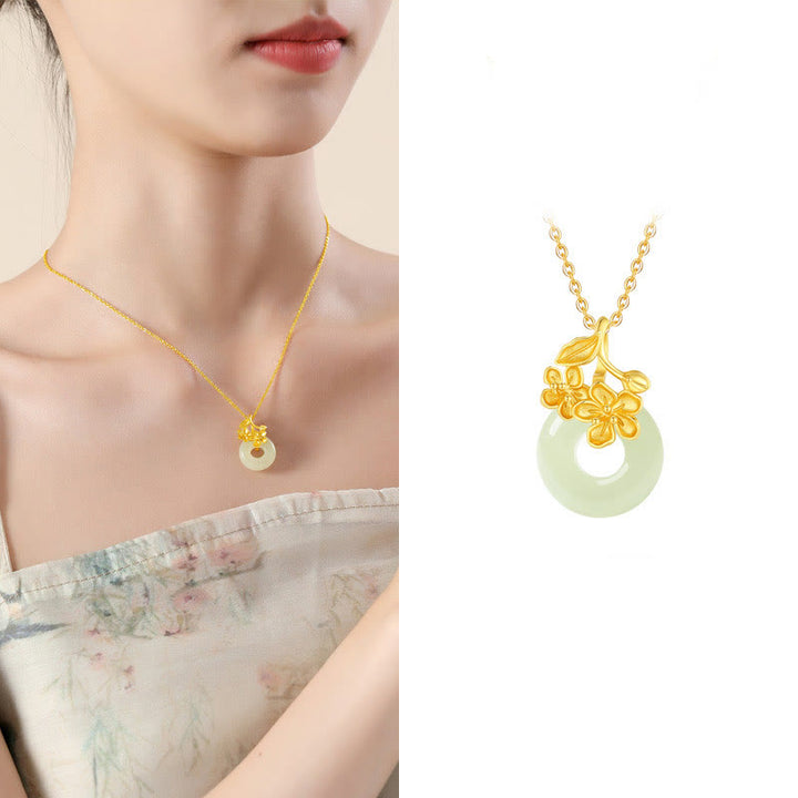 Colgante de plata de ley 999 con diseño de flor de durazno y hebilla de la paz con jade hetiano y Buddha Stones
