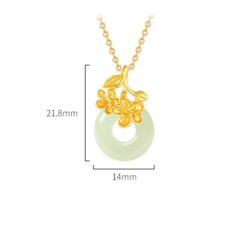 Colgante de plata de ley 999 con diseño de flor de durazno y hebilla de la paz con jade hetiano y Buddha Stones