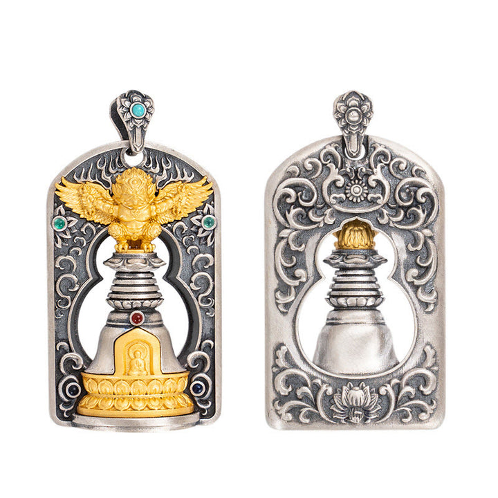 Collar con colgante de campana de protección de Dorje Vajra de pájaro Garuda tibetano de plata de ley 925 con Buddha Stones
