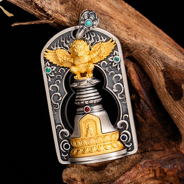 Collar con colgante de campana de protección de Dorje Vajra de pájaro Garuda tibetano de plata de ley 925 con Buddha Stones