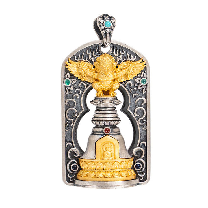 Collar con colgante de campana de protección de Dorje Vajra de pájaro Garuda tibetano de plata de ley 925 con Buddha Stones