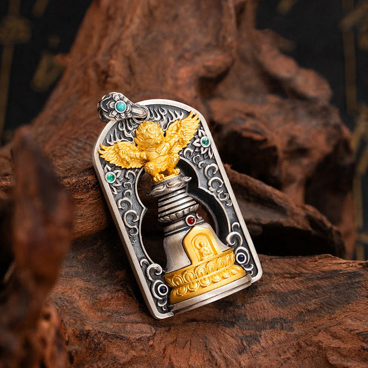 Collar con colgante de campana de protección de Dorje Vajra de pájaro Garuda tibetano de plata de ley 925 con Buddha Stones