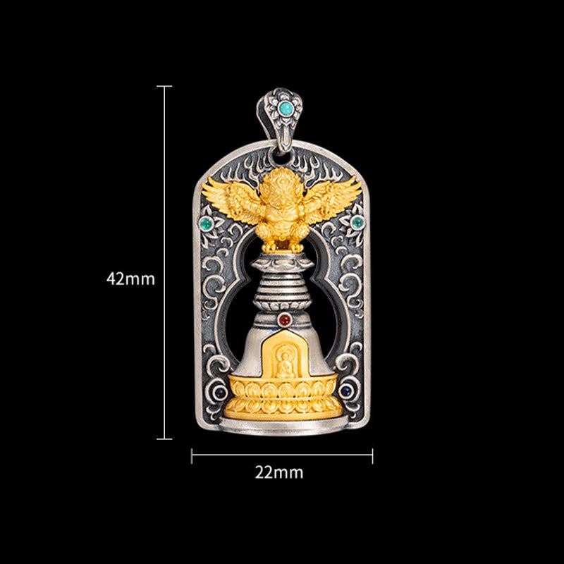Collar con colgante de campana de protección de Dorje Vajra de pájaro Garuda tibetano de plata de ley 925 con Buddha Stones