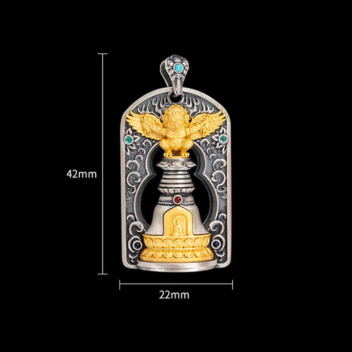 Collar con colgante de campana de protección de Dorje Vajra de pájaro Garuda tibetano de plata de ley 925 con Buddha Stones