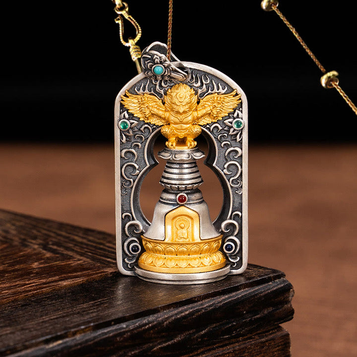 Collar con colgante de campana de protección de Dorje Vajra de pájaro Garuda tibetano de plata de ley 925 con Buddha Stones