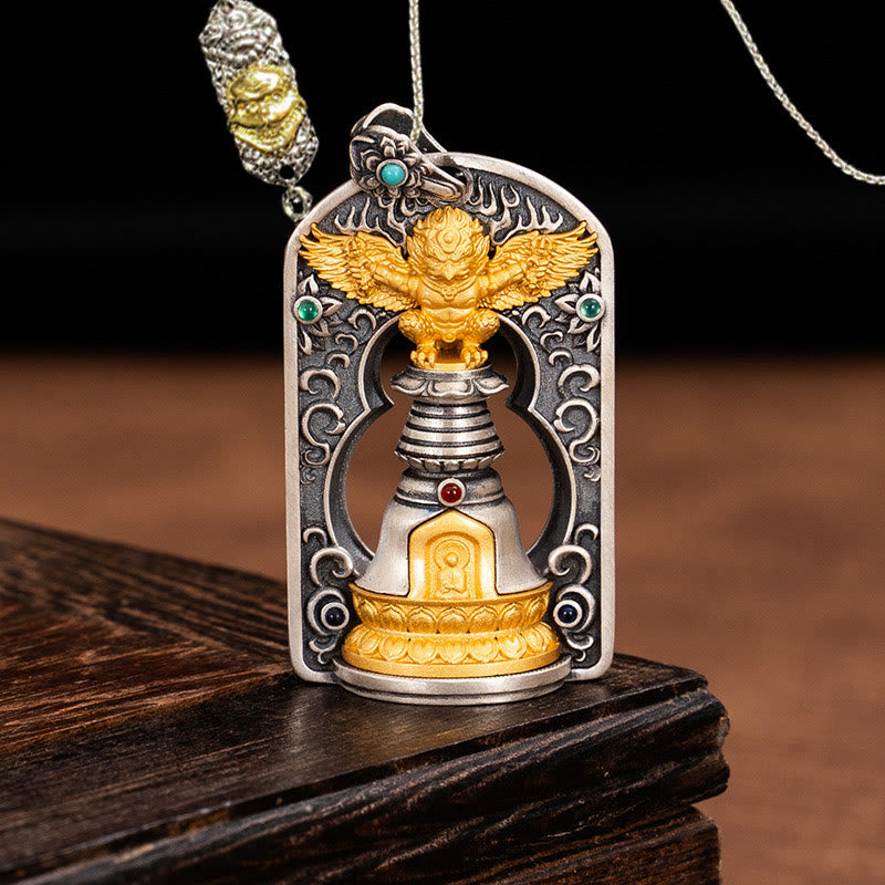 Collar con colgante de campana de protección de Dorje Vajra de pájaro Garuda tibetano de plata de ley 925 con Buddha Stones