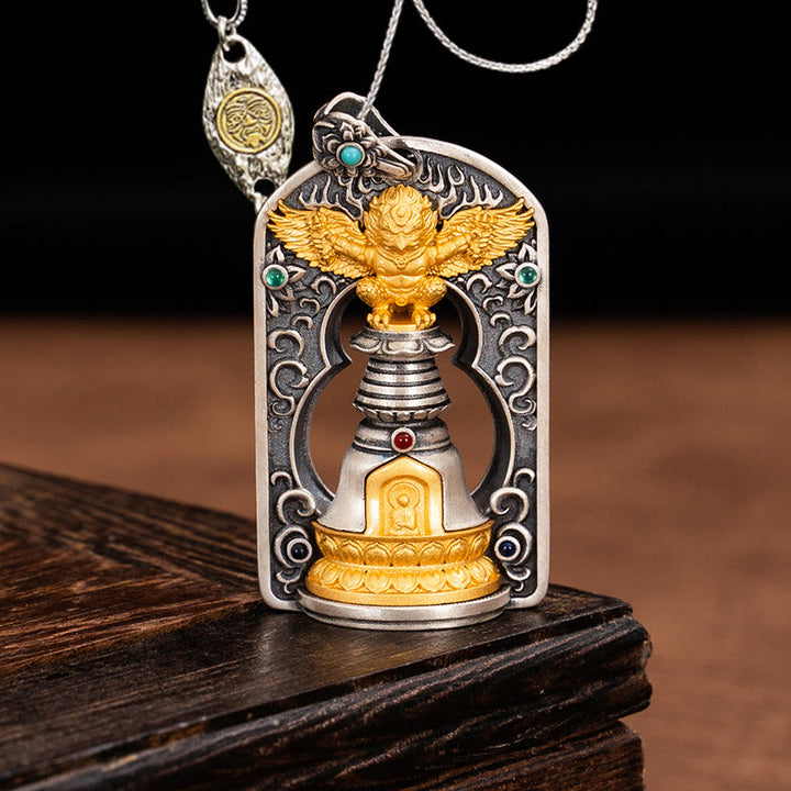 Collar con colgante de campana de protección de Dorje Vajra de pájaro Garuda tibetano de plata de ley 925 con Buddha Stones