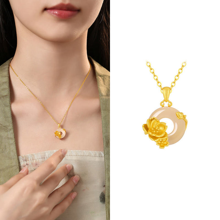 Collar con colgante de flores y hebilla de la paz de plata de ley 925 con Buddha Stones y calcedonia - Flor de durazno - Calcedonia dorada en plata de ley 925 - image 9