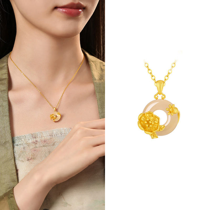 Collar con colgante de flores y hebilla de la paz de plata de ley 925 con Buddha Stones y calcedonia - Flor de granada - Calcedonia dorada en plata de ley 925 - image 14