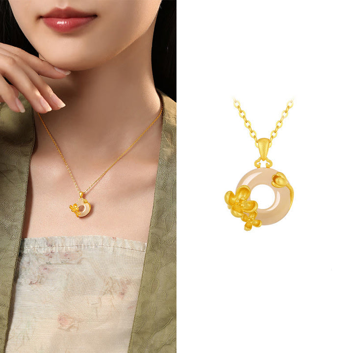 Collar con colgante de flores y hebilla de la paz de plata de ley 925 con Buddha Stones y calcedonia - Osmanto - Calcedonia dorada en plata de ley 925 - image 20