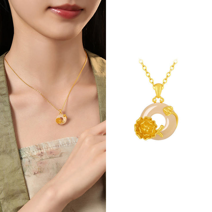 Collar con colgante de flores y hebilla de la paz de plata de ley 925 con Buddha Stones y calcedonia - Hibisco - Calcedonia dorada en plata de ley 925 - image 24