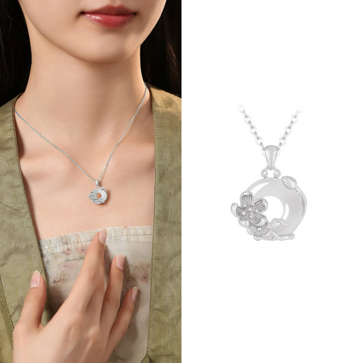 Collar con colgante de flores y hebilla de la paz de plata de ley 925 con Buddha Stones y calcedonia - Flor de ciruelo - Calcedonia de plata de ley 925 - image 30