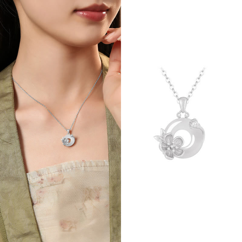 Collar con colgante de flores y hebilla de la paz de plata de ley 925 con Buddha Stones y calcedonia - Flor de albaricoque - Calcedonia de plata de ley 925 - image 29