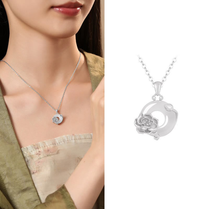 Collar con colgante de flores y hebilla de la paz de plata de ley 925 con Buddha Stones y calcedonia - Peonía - Calcedonia de plata de ley 925 - image 32