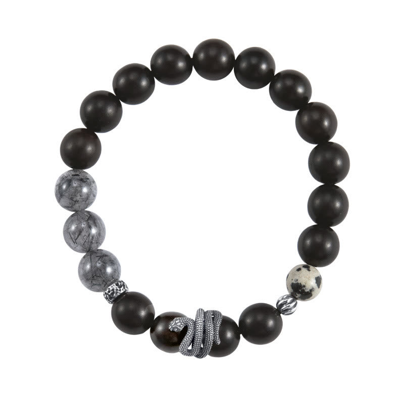 Pulsera de equilibrio del año de la serpiente con Buddha Stones, madera de ébano, cuarzo rutilado negro y plata de ley 925