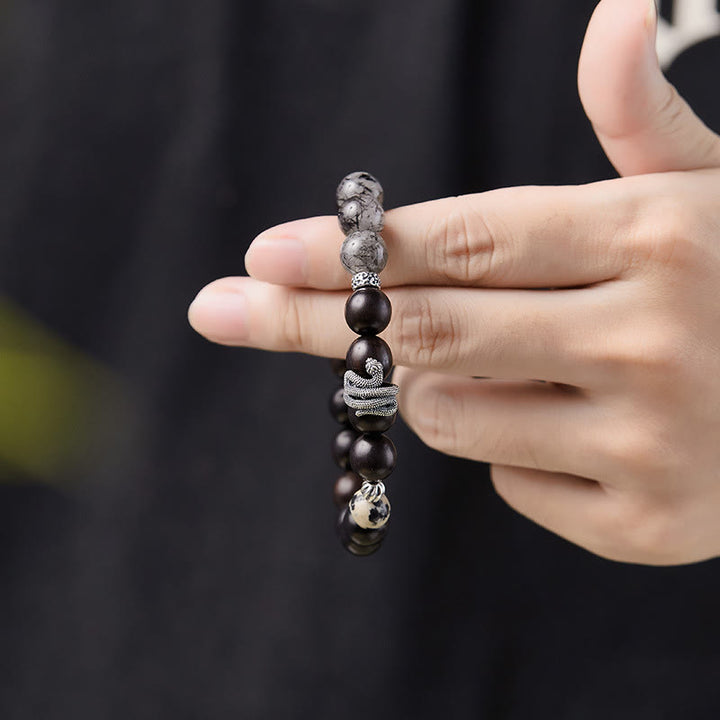 Pulsera de equilibrio del año de la serpiente con Buddha Stones, madera de ébano, cuarzo rutilado negro y plata de ley 925