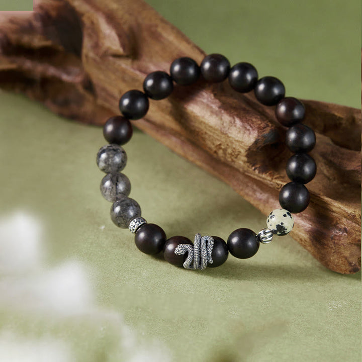 Pulsera de equilibrio del año de la serpiente con Buddha Stones, madera de ébano, cuarzo rutilado negro y plata de ley 925