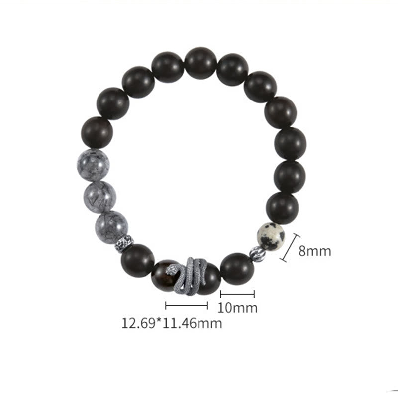 Pulsera de equilibrio del año de la serpiente con Buddha Stones, madera de ébano, cuarzo rutilado negro y plata de ley 925