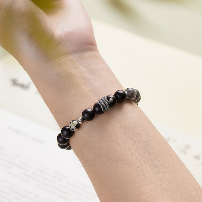 Pulsera de equilibrio del año de la serpiente con Buddha Stones, madera de ébano, cuarzo rutilado negro y plata de ley 925