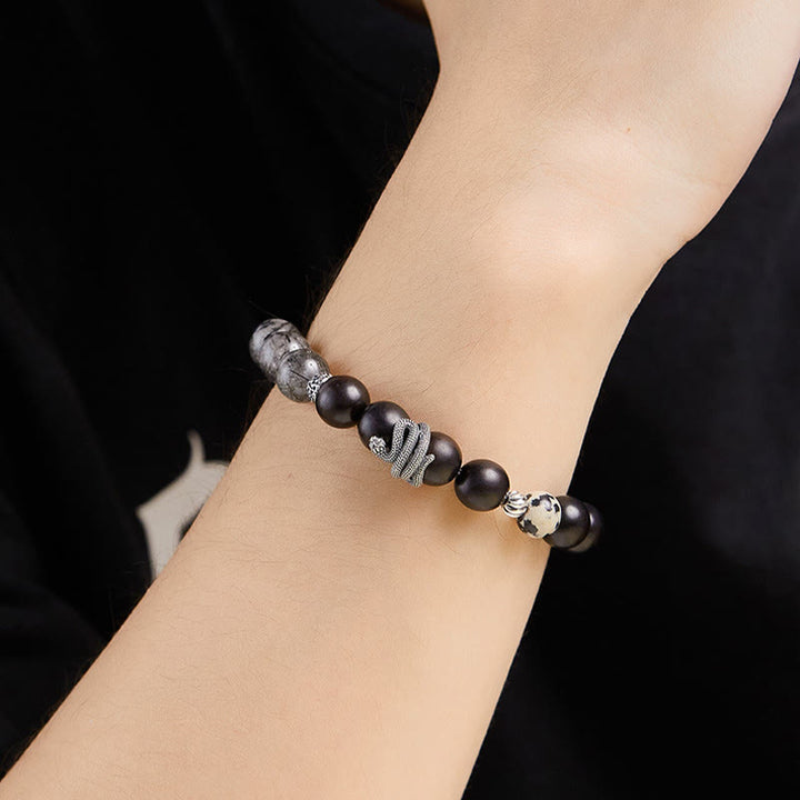 Pulsera de equilibrio del año de la serpiente con Buddha Stones, madera de ébano, cuarzo rutilado negro y plata de ley 925