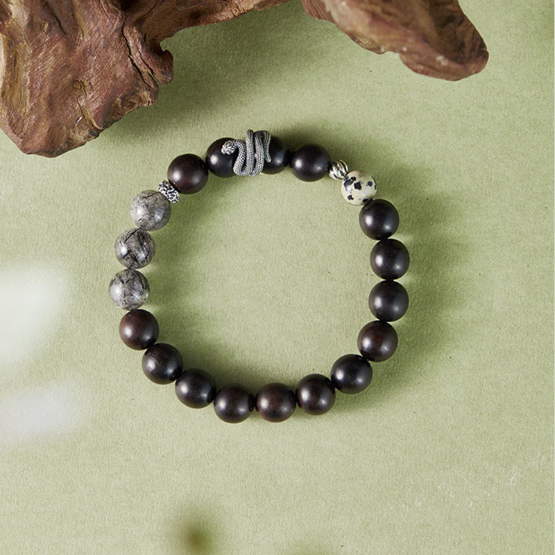 Pulsera de equilibrio del año de la serpiente con Buddha Stones, madera de ébano, cuarzo rutilado negro y plata de ley 925