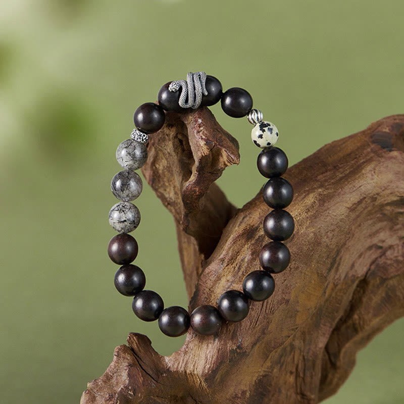 Pulsera de equilibrio del año de la serpiente con Buddha Stones, madera de ébano, cuarzo rutilado negro y plata de ley 925