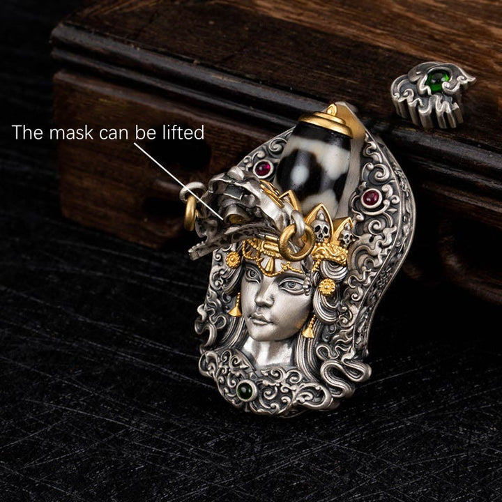 Collar con colgante de protección de cuentas Dzi de la diosa de la riqueza tibetana Zakiram de plata de ley 925 con Buddha Stones