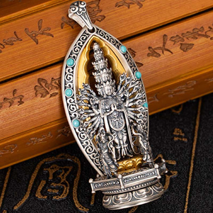 Collar con colgante de riqueza de Avalokiteśvara, Guanyin Kwan Yin de mil brazos y plata de ley 925 con Buddha Stones - image 3