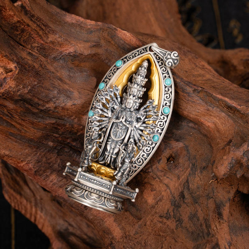 Collar con colgante de riqueza de Avalokiteśvara, Guanyin Kwan Yin de mil brazos y plata de ley 925 con Buddha Stones - Avalokiteśvara (solo colgante) - image 0