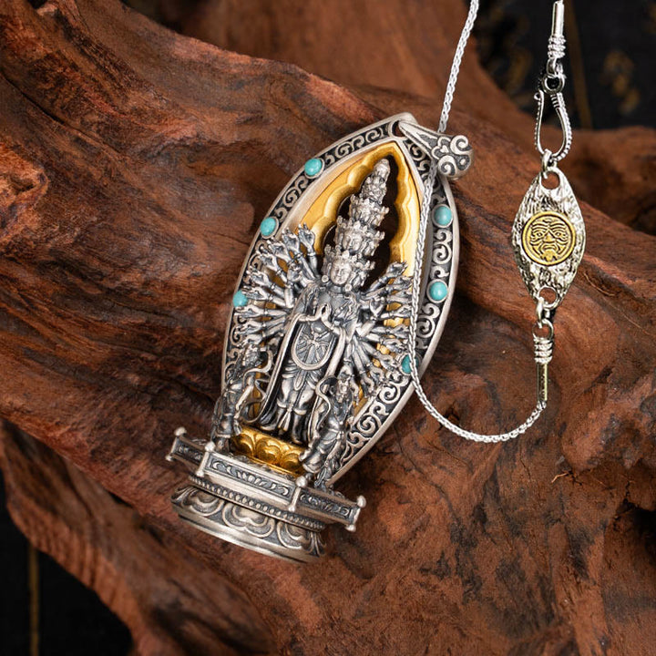Collar con colgante de riqueza de Avalokiteśvara, Guanyin Kwan Yin de mil brazos y plata de ley 925 con Buddha Stones - Cadena de cobre Avalokiteśvara y 50 cm - image 16
