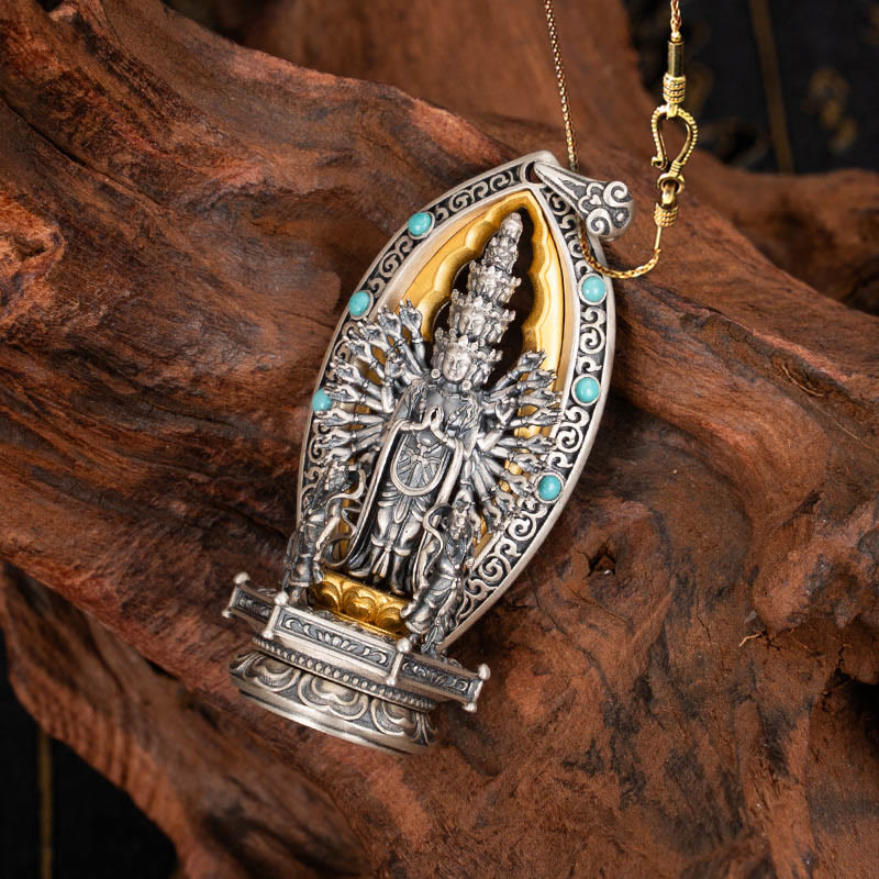 Collar con colgante de riqueza de Avalokiteśvara, Guanyin Kwan Yin de mil brazos y plata de ley 925 con Buddha Stones - Avalokiteśvara y cadena de cobre dorado de 58 cm - image 14