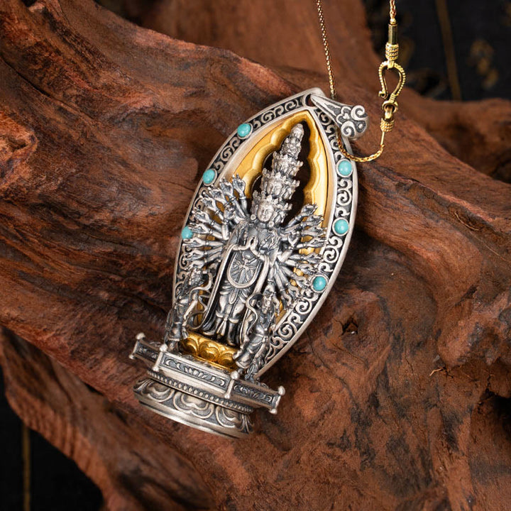 Collar con colgante de riqueza de Avalokiteśvara, Guanyin Kwan Yin de mil brazos y plata de ley 925 con Buddha Stones - Avalokiteśvara y cadena de cobre dorado de 58 cm - image 14