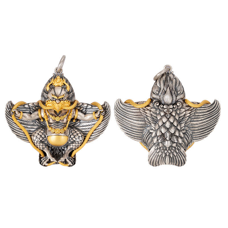 Collar con colgante de pájaro tibetano Garuda de plata de ley 925 con Buddha Stones