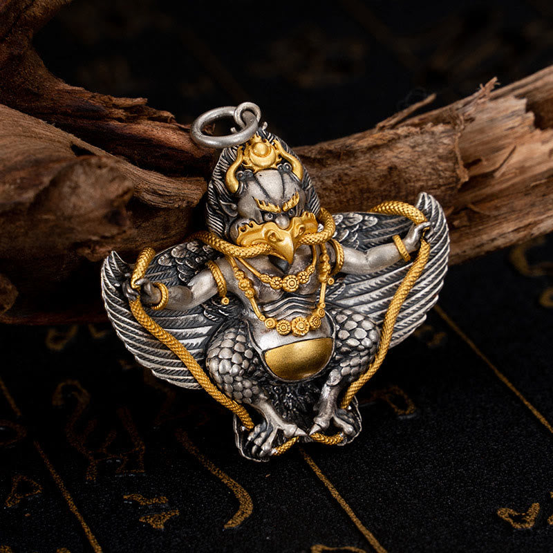 Collar con colgante de pájaro tibetano Garuda de plata de ley 925 con Buddha Stones