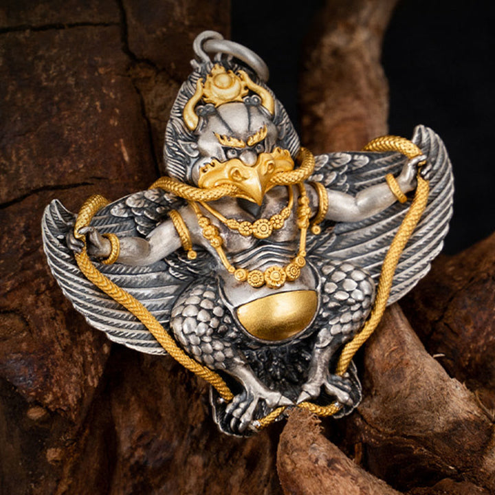 Collar con colgante de pájaro tibetano Garuda de plata de ley 925 con Buddha Stones