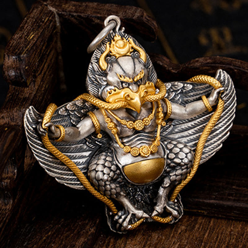 Collar con colgante de pájaro tibetano Garuda de plata de ley 925 con Buddha Stones