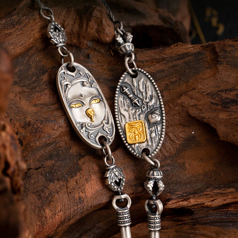 Collar de cadena de metal con protección Om Mani Padme Hum de la diosa de la riqueza tibetana Zakiram de plata de ley 925 con Buddha Stones - image 1