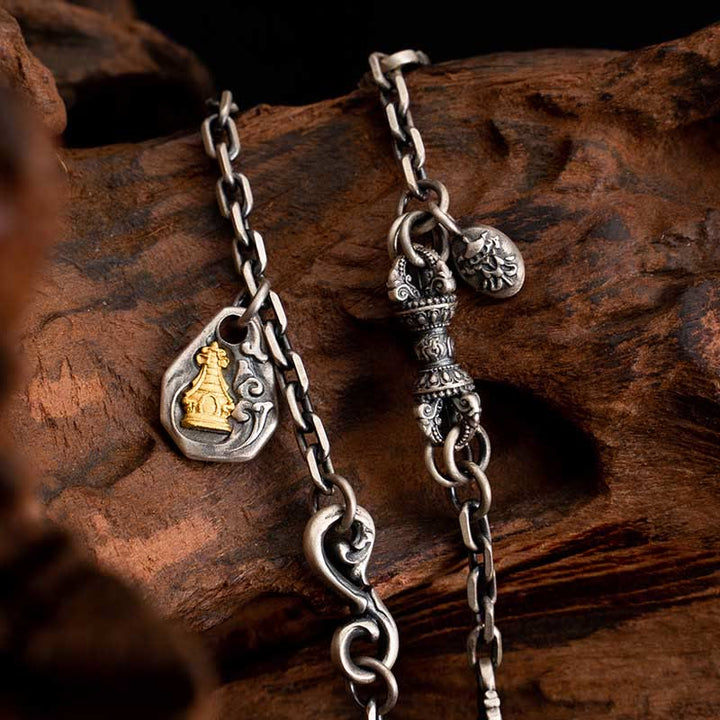 Collar de cadena de metal con bendición de Dorje Vajra de la diosa de la riqueza tibetana Zakiram blanco de plata esterlina 925 con Buddha Stones